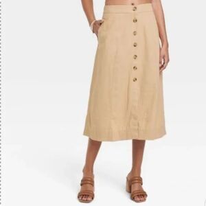 Universal Thread | Linen Blend Button Midi Skirt in Tan | XS